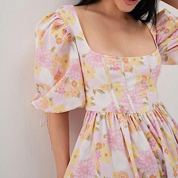 NWT For Love & Lemons Carrie Pink & Yellow Floral Midi Dress Size XXS - Picture 3 of 10